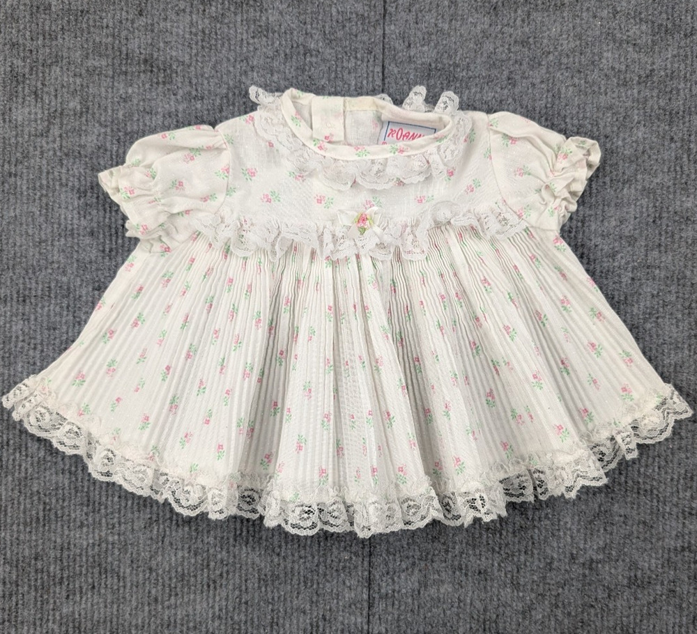 Vintage Roanna Dress Baby Girl 0-6M Lace Trim Retro Pleated Rosette Victorian